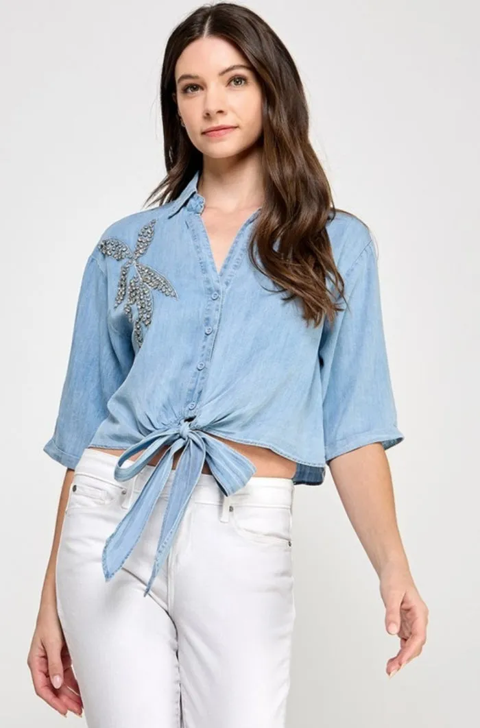 Rhinestones Details V Neck Denim Top