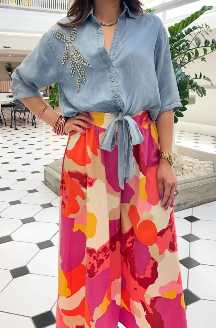 Rhinestones Details V Neck Denim Top