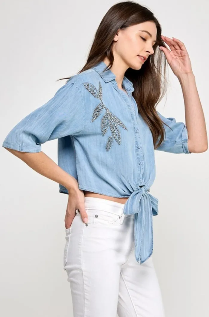 Rhinestones Details V Neck Denim Top