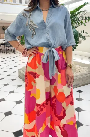 Rhinestones Details V Neck Denim Top