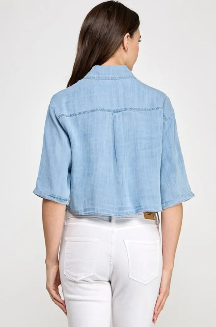 Rhinestones Details V Neck Denim Top