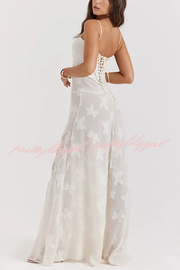 Romantic Vintage Feel Jacquard Fabric Back Lace-up Slip Floaty Maxi Dress