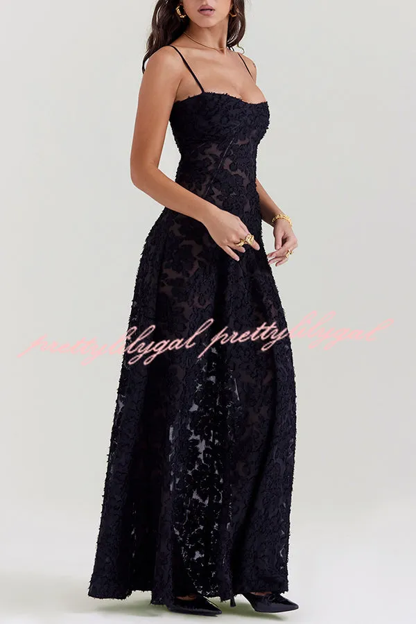 Romantic Vintage Feel Jacquard Fabric Back Lace-up Slip Floaty Maxi Dress