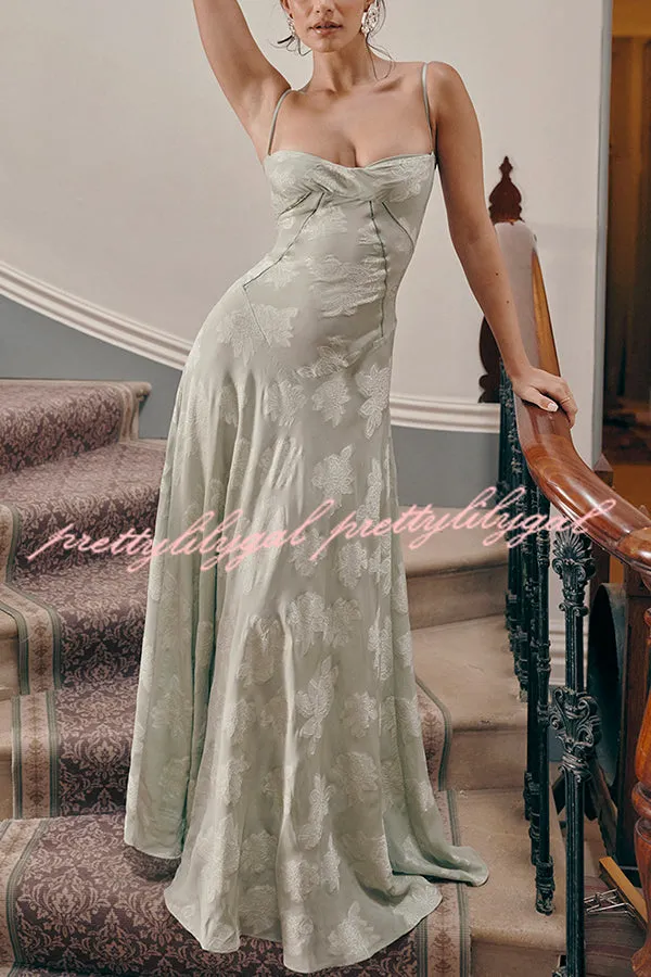 Romantic Vintage Feel Jacquard Fabric Back Lace-up Slip Floaty Maxi Dress