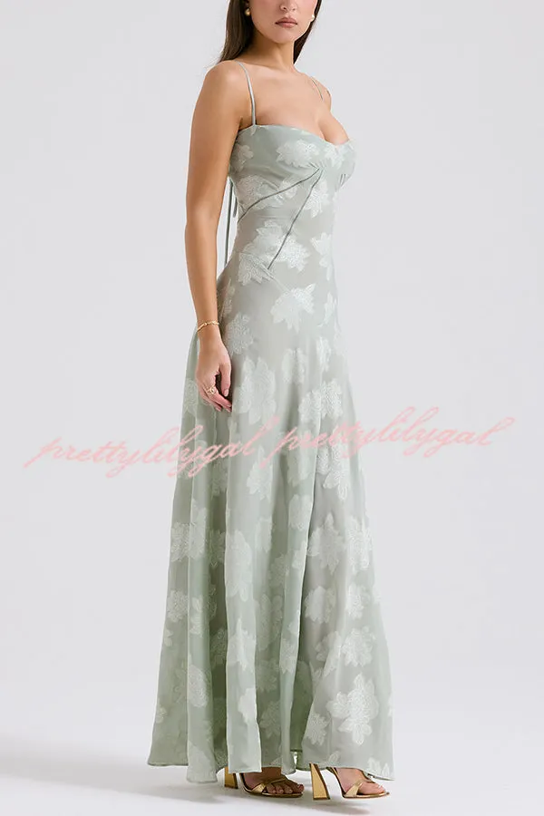 Romantic Vintage Feel Jacquard Fabric Back Lace-up Slip Floaty Maxi Dress