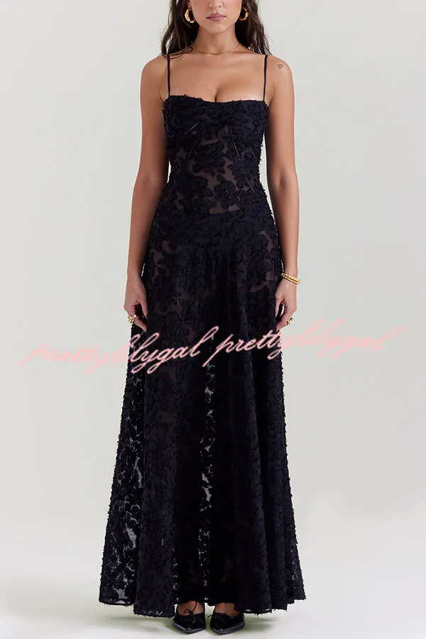 Romantic Vintage Feel Jacquard Fabric Back Lace-up Slip Floaty Maxi Dress