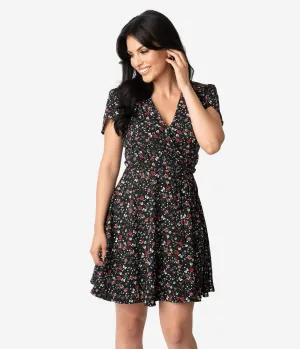 Smak Parlour Black & Multi Floral Print Short Sleeve Flare Dress