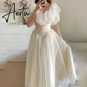Summer Romantic Fairy Dress Woman Chic Vintage Lace Puff Sleeve Ruffles V-Neck Soft Princess Dresses Party Night Vestido Festa