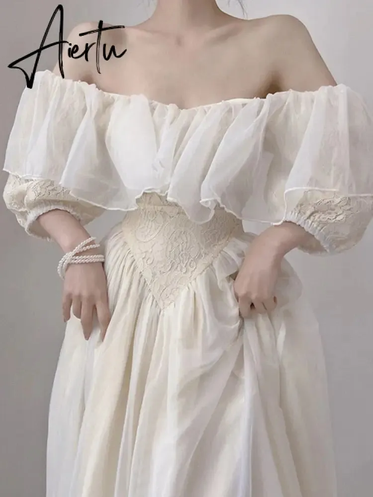 Summer Romantic Fairy Dress Woman Chic Vintage Lace Puff Sleeve Ruffles V-Neck Soft Princess Dresses Party Night Vestido Festa