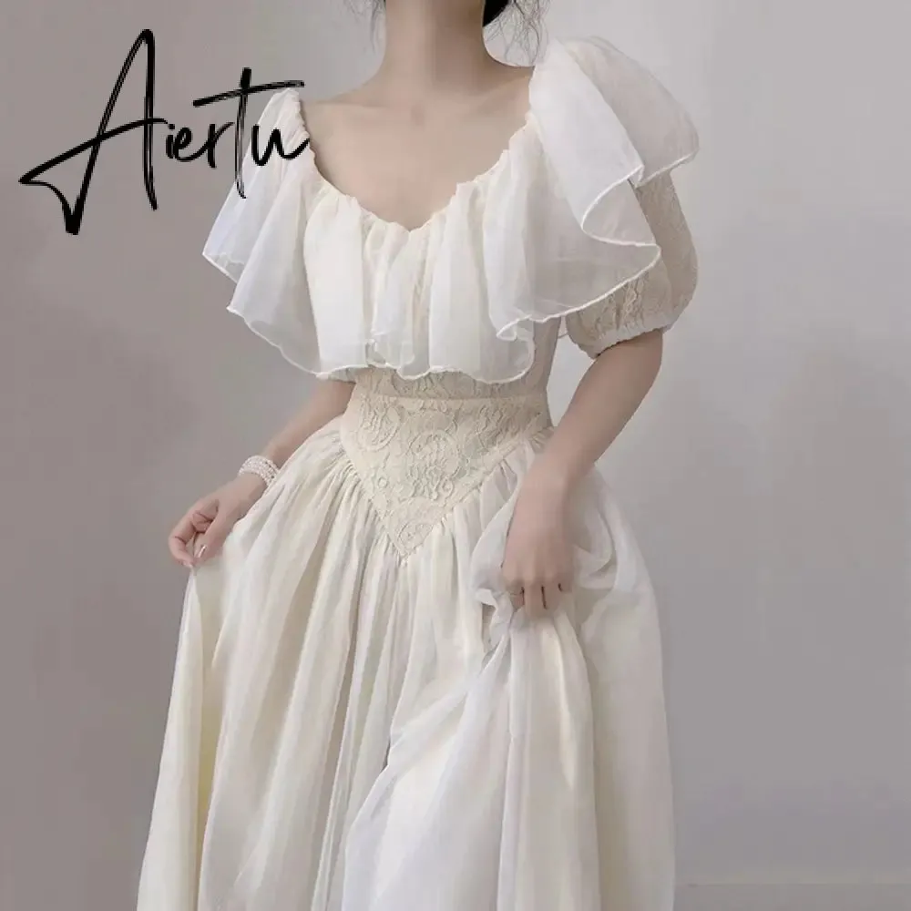 Summer Romantic Fairy Dress Woman Chic Vintage Lace Puff Sleeve Ruffles V-Neck Soft Princess Dresses Party Night Vestido Festa