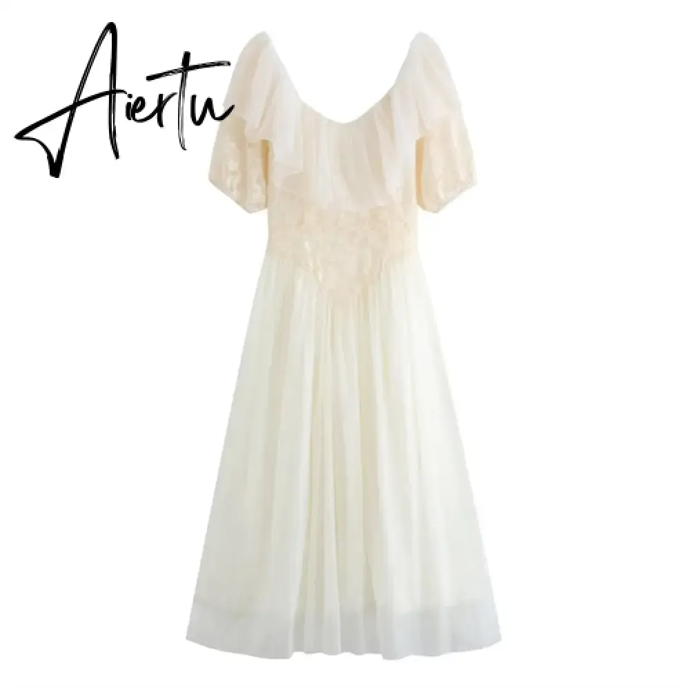 Summer Romantic Fairy Dress Woman Chic Vintage Lace Puff Sleeve Ruffles V-Neck Soft Princess Dresses Party Night Vestido Festa