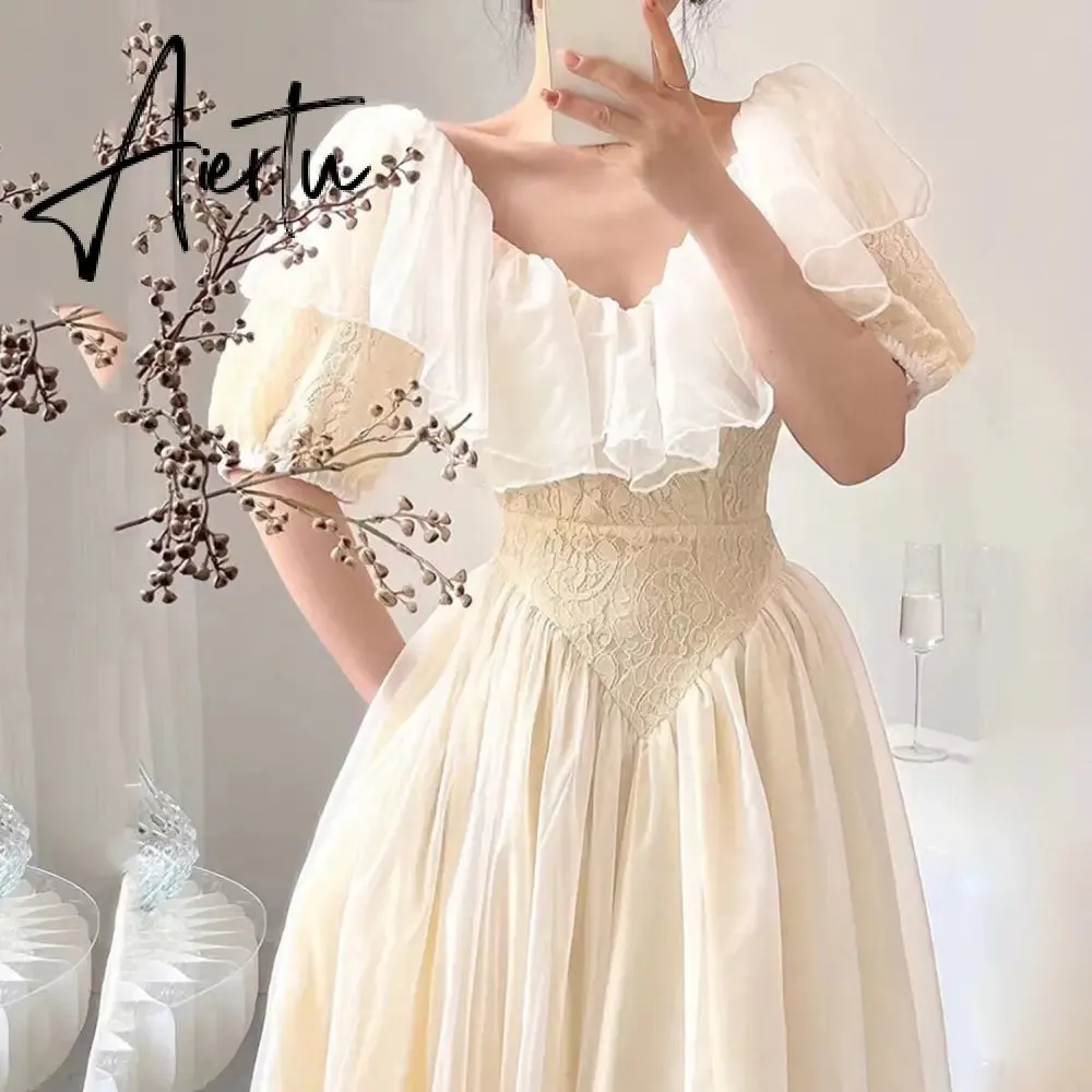 Summer Romantic Fairy Dress Woman Chic Vintage Lace Puff Sleeve Ruffles V-Neck Soft Princess Dresses Party Night Vestido Festa