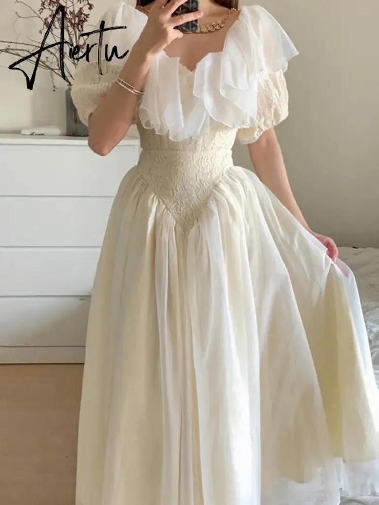 Summer Romantic Fairy Dress Woman Chic Vintage Lace Puff Sleeve Ruffles V-Neck Soft Princess Dresses Party Night Vestido Festa