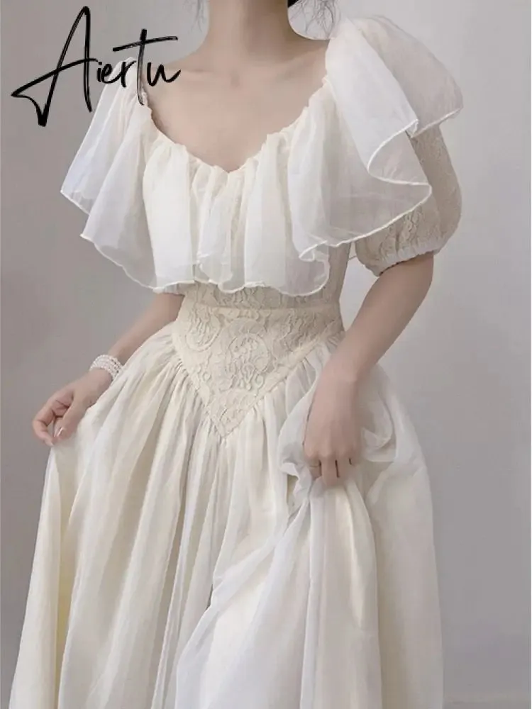 Summer Romantic Fairy Dress Woman Chic Vintage Lace Puff Sleeve Ruffles V-Neck Soft Princess Dresses Party Night Vestido Festa