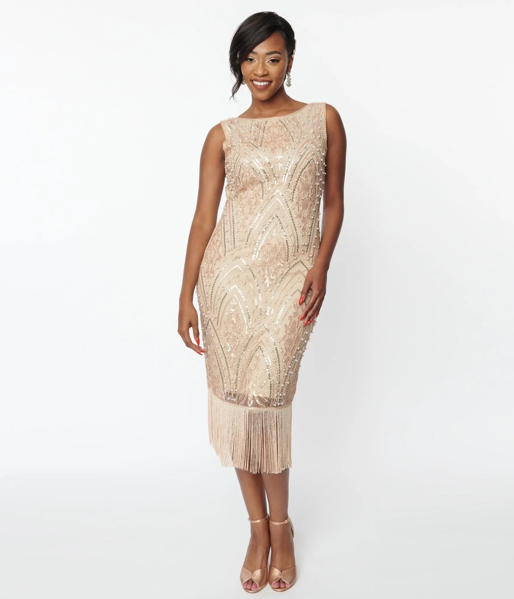 Unique Vintage 1920s Champagne Sequin & Pearl Sleeveless Flapper Dress