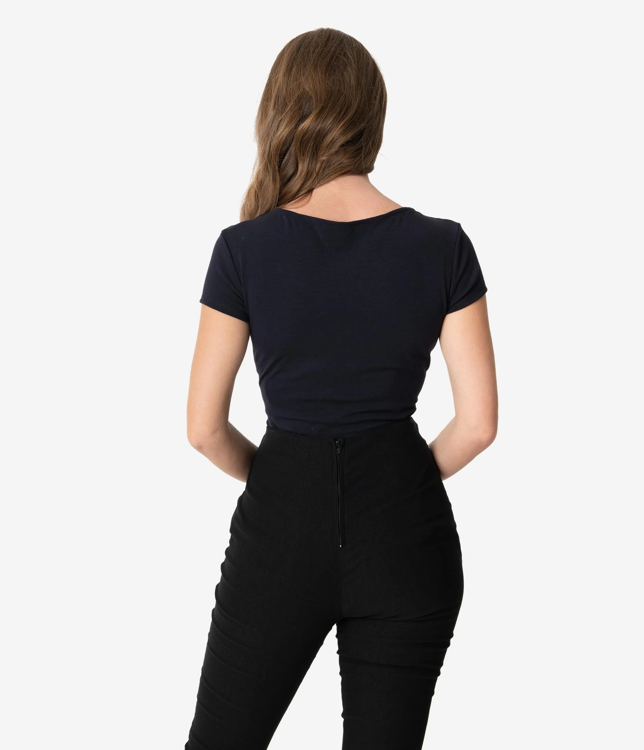 Unique Vintage 1950s Style Navy Blue Sweetheart Rosemary Top