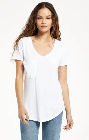 V-Neck Pocket Tee With Rounded Hem | White