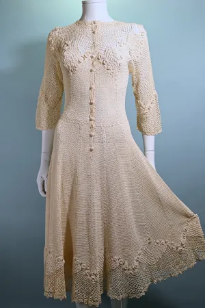 Vintage 1930s Cream Crochet Dress, Cottagecore Wedding XS/S