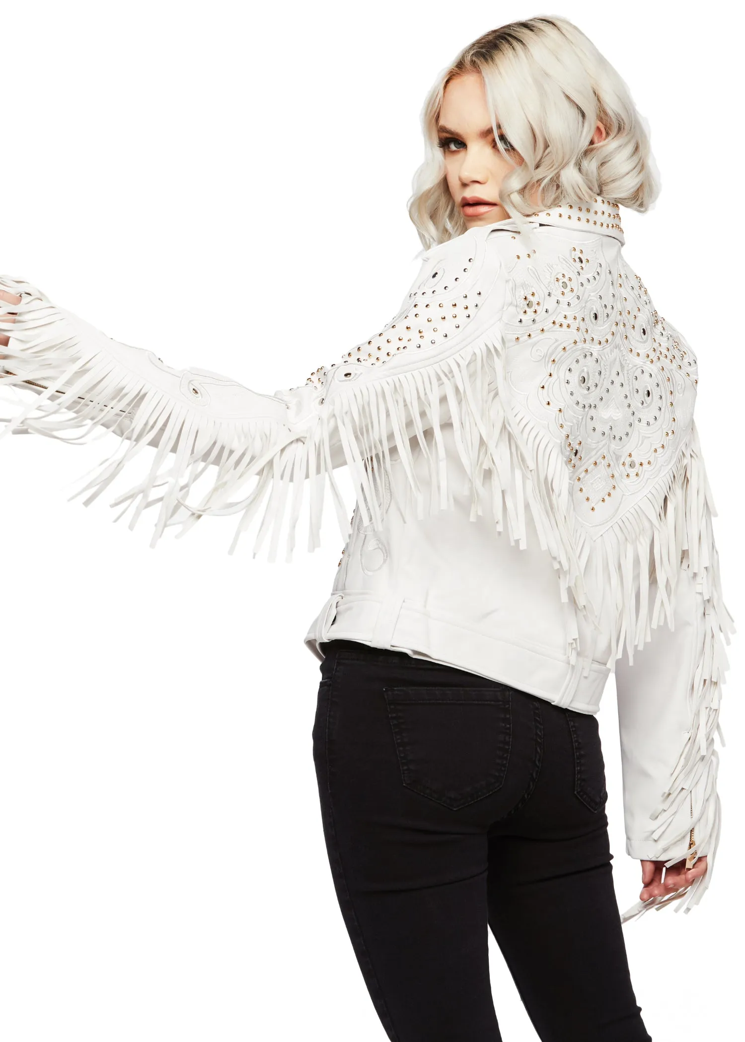 White Faux Leather Studded Fringe Moto Jacket