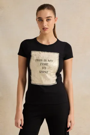 Women Black Time To Shine Foil T-Shirt