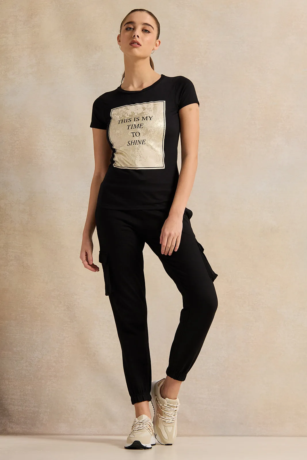 Women Black Time To Shine Foil T-Shirt