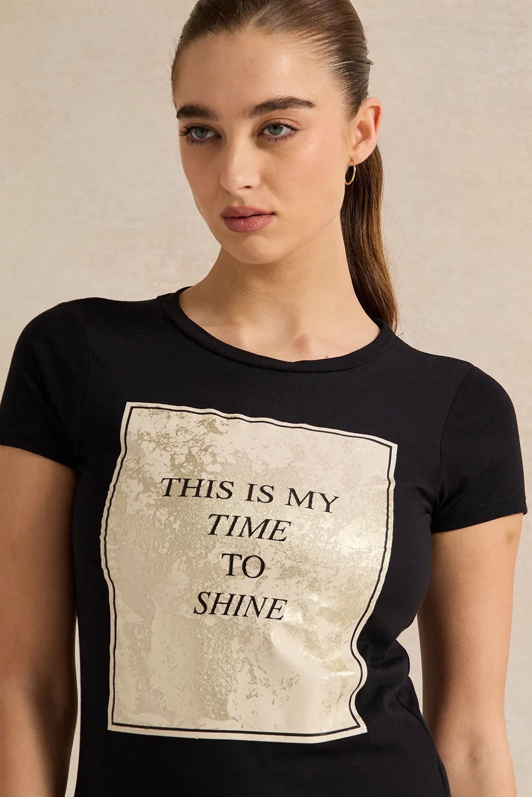 Women Black Time To Shine Foil T-Shirt