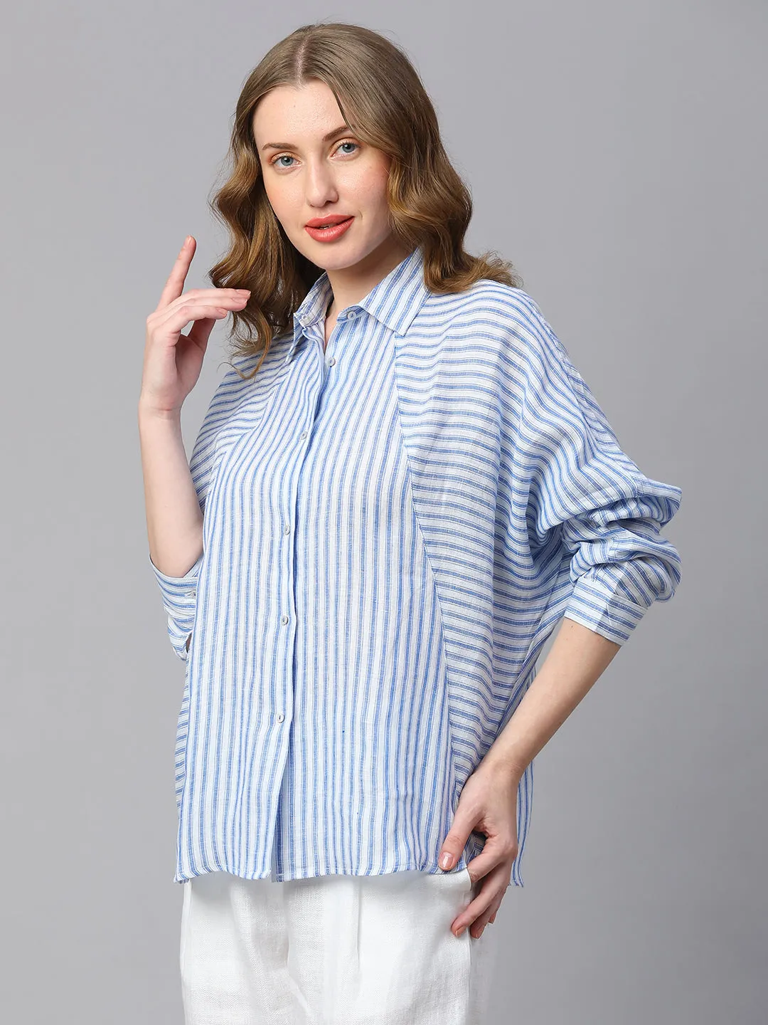 Women's Blue Striped Linen Shirt