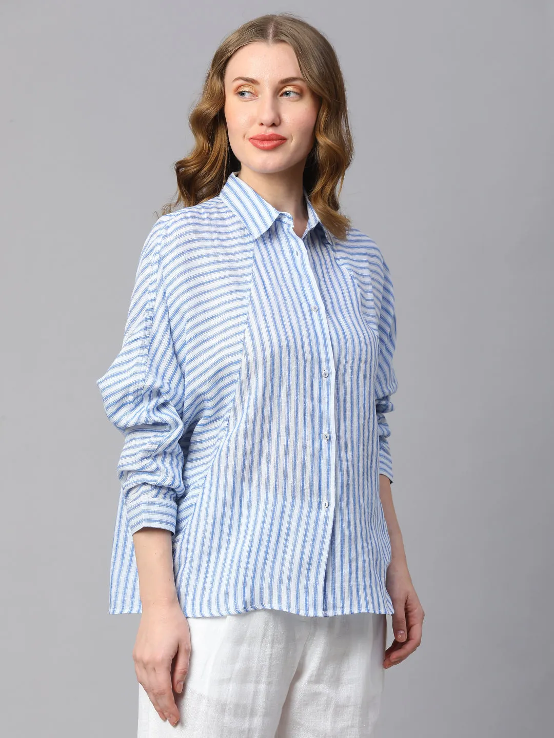 Women's Blue Striped Linen Shirt
