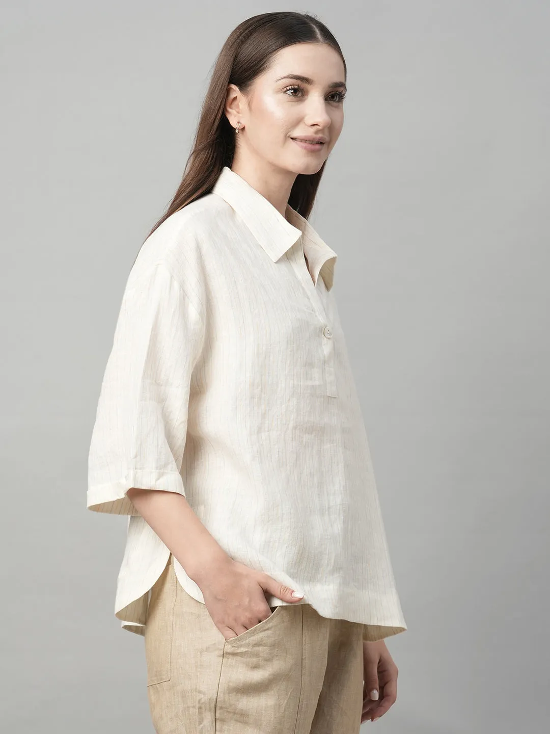 Women's Natural 100% Linen Boxy Fit Blouse
