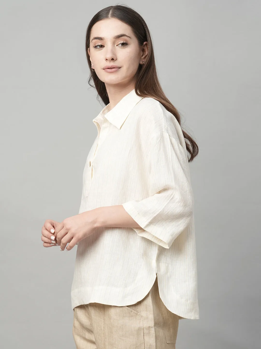 Women's Natural 100% Linen Boxy Fit Blouse