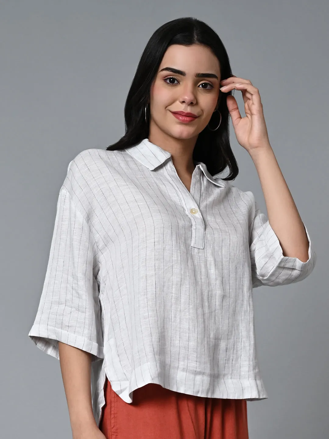 Women's Offwhite 100% Linen Boxy Fit Blouse