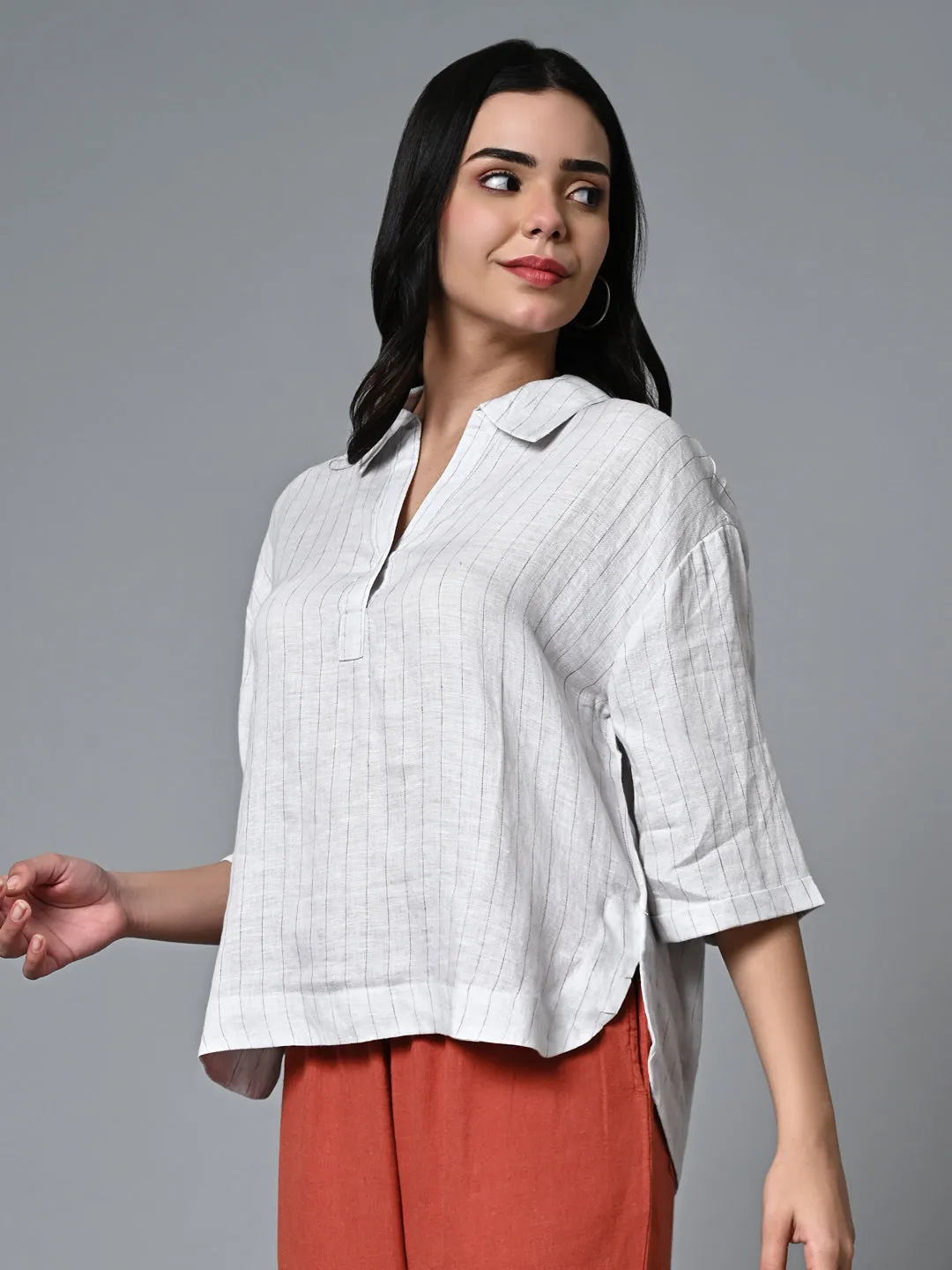 Women's Offwhite 100% Linen Boxy Fit Blouse