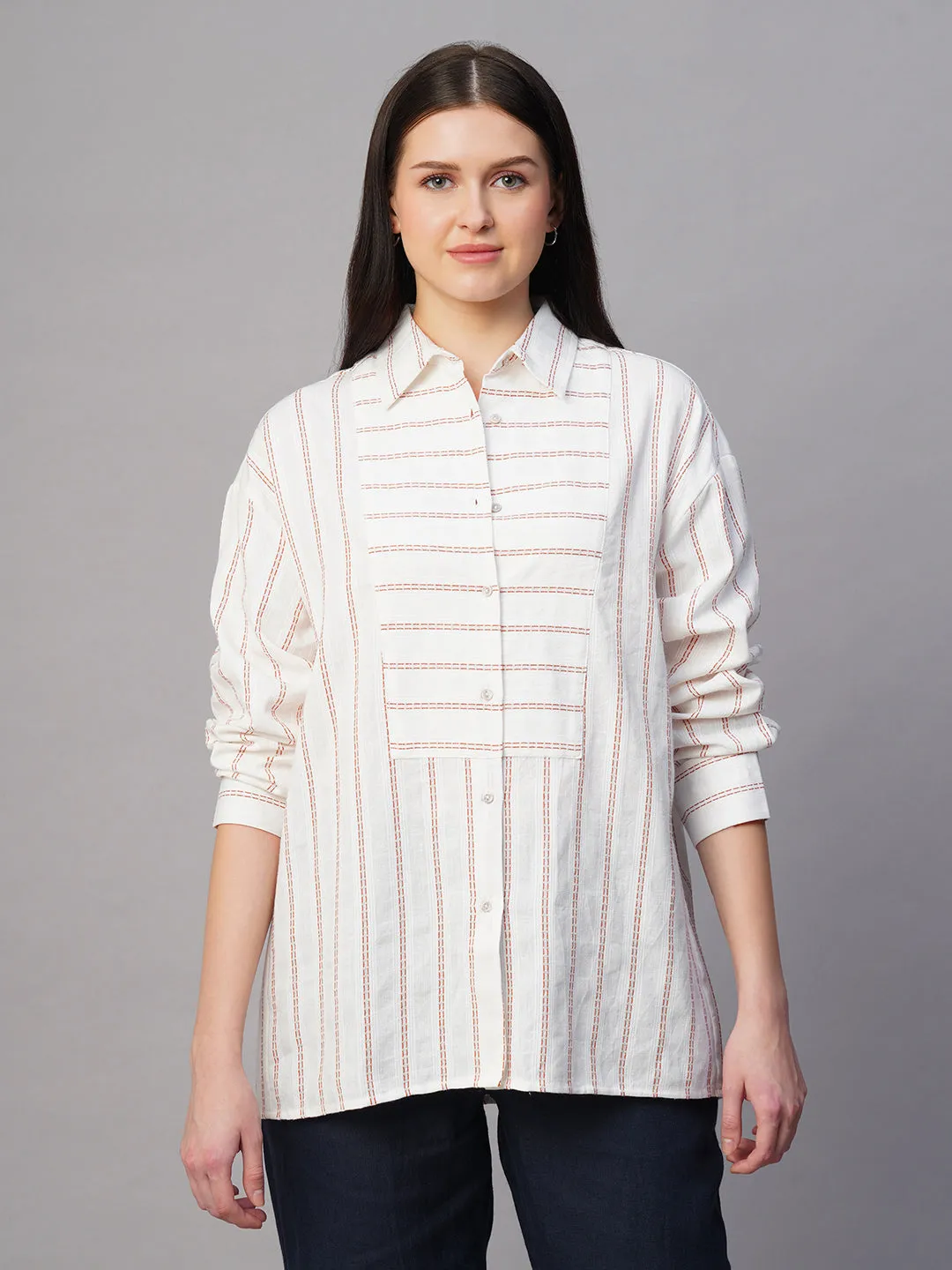 Women's Rust/Natural Cotton Linen Boxy Fit Blouse