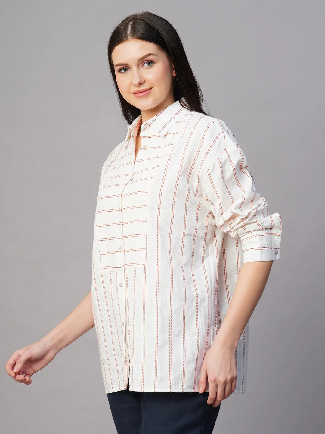 Women's Rust/Natural Cotton Linen Boxy Fit Blouse