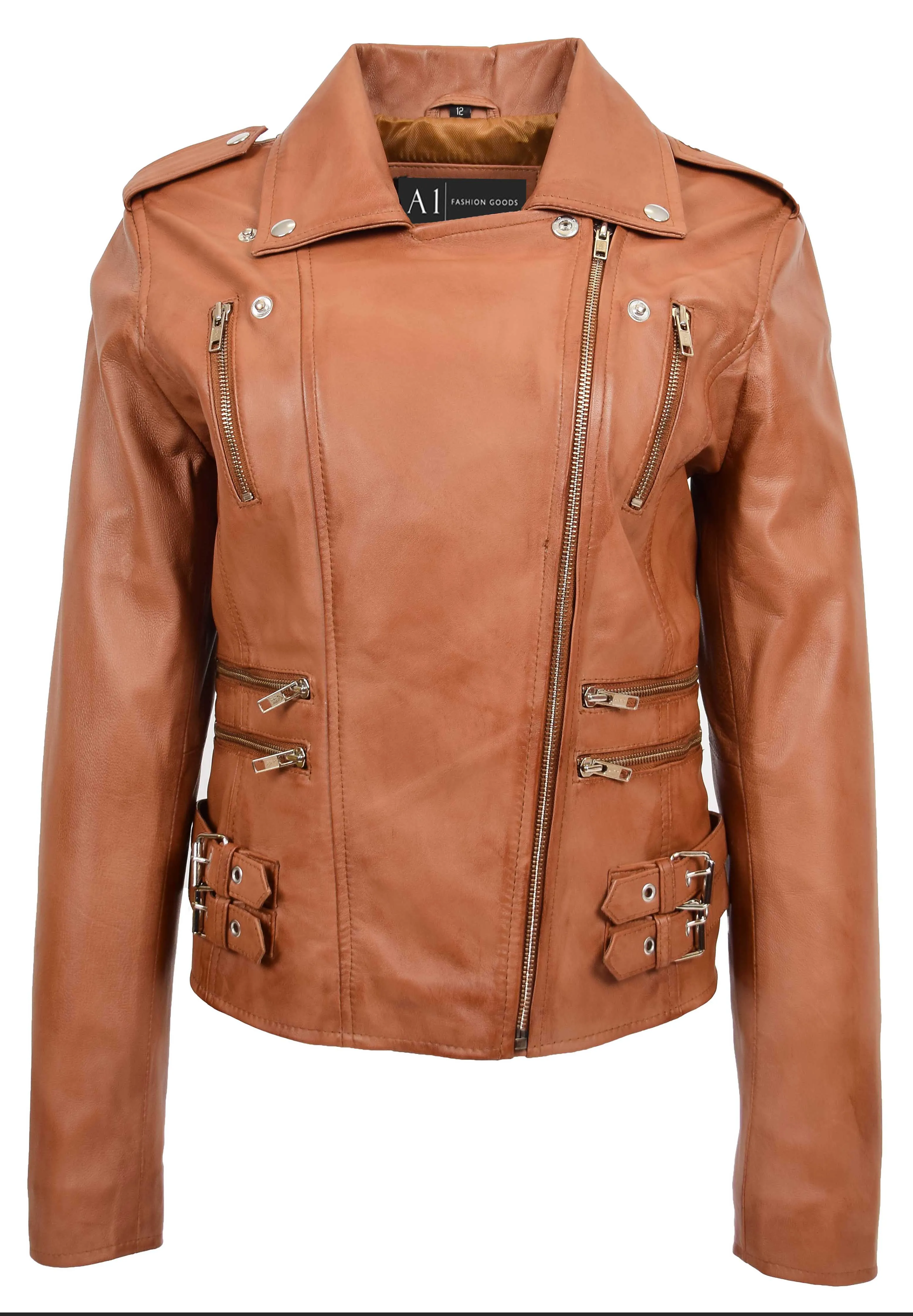 Womens Trendy Biker Leather Jacket Beyonce Cognac