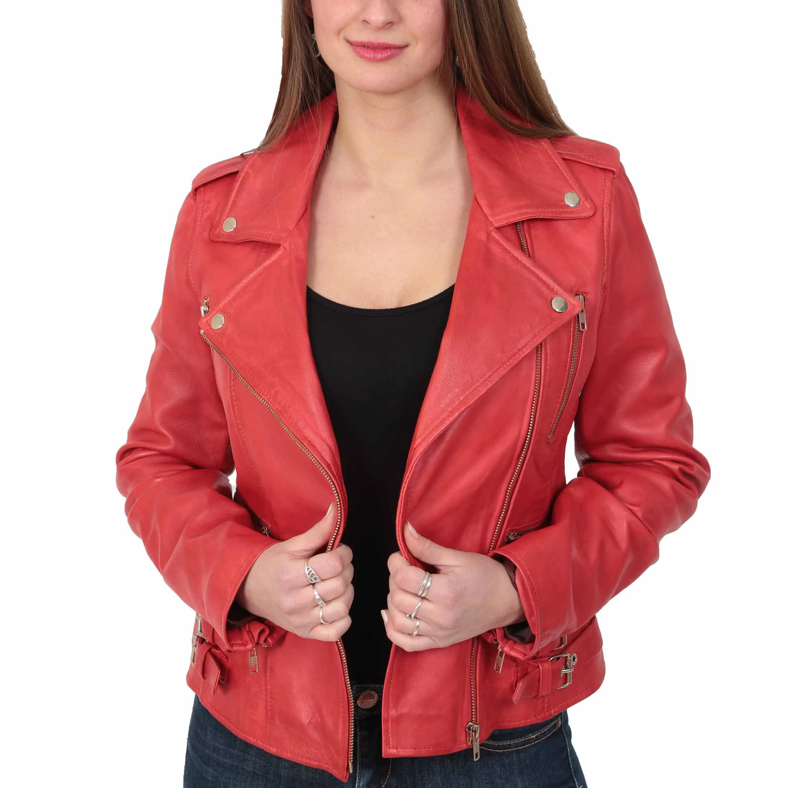 Womens Trendy Biker Leather Jacket Beyonce Red