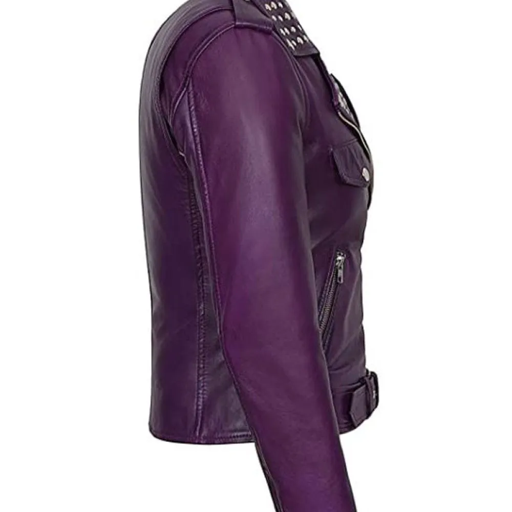 Women's Vintage Biker Designer Studded Waxed Purple Brando Leather Jacket
