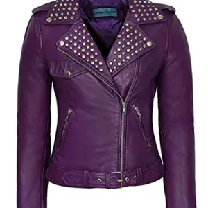 Women's Vintage Biker Designer Studded Waxed Purple Brando Leather Jacket