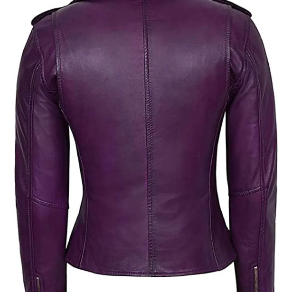 Women's Vintage Biker Designer Studded Waxed Purple Brando Leather Jacket