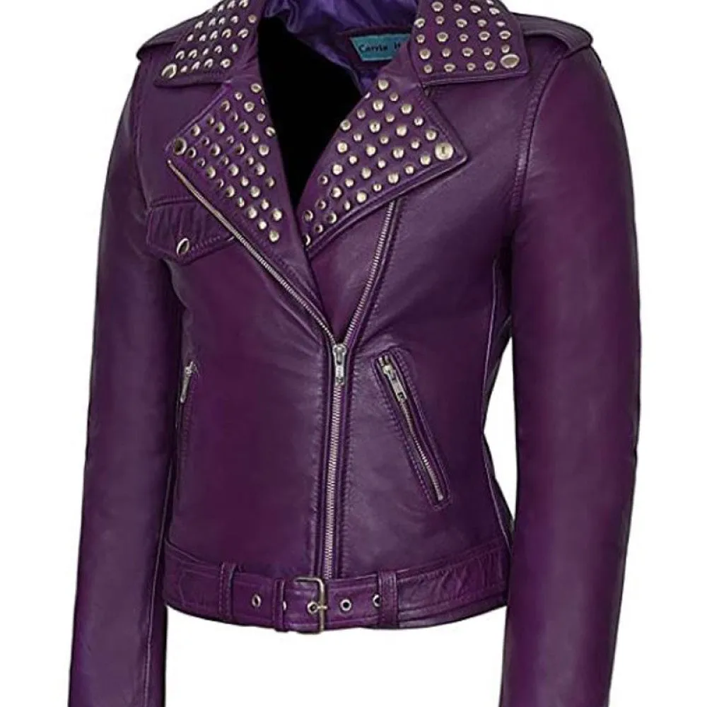 Women's Vintage Biker Designer Studded Waxed Purple Brando Leather Jacket