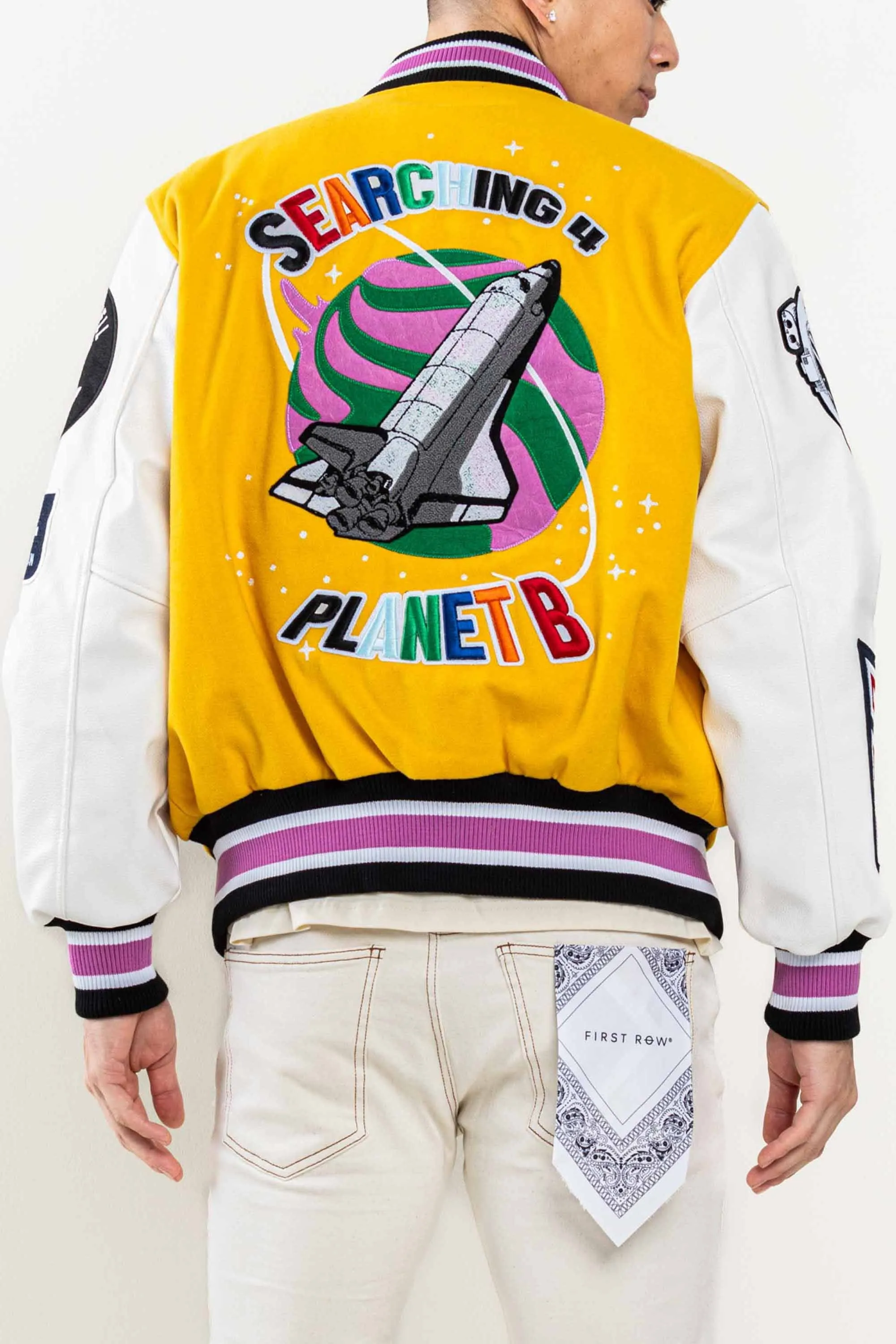 Yellow Searching Planet B Varsity Jacket